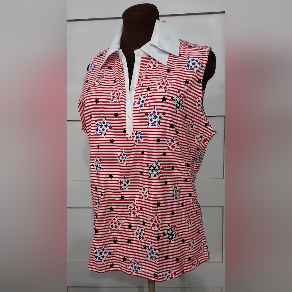 NWT Liz Claiborne Red White Blue Patriotic Tank Polo Shirt